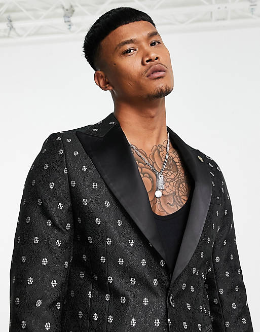 Twisted Tailor suit set in black and white jacquard with satin lapel