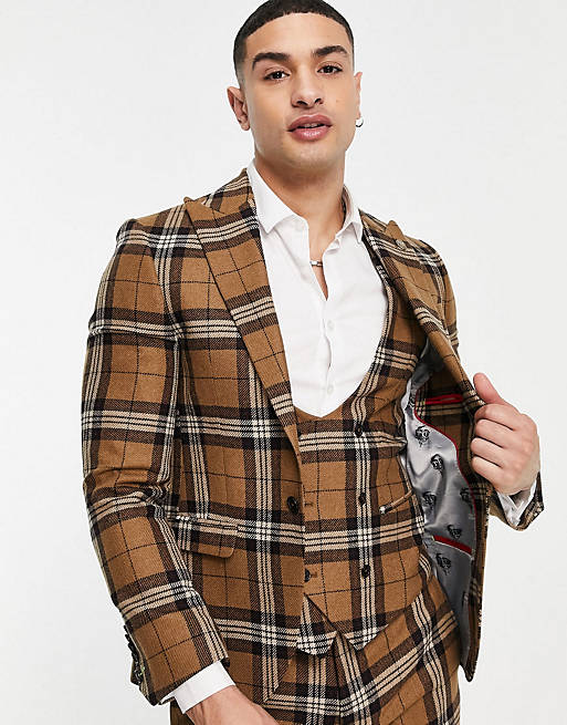 Twisted Tailor waistcoat in brown tartan check