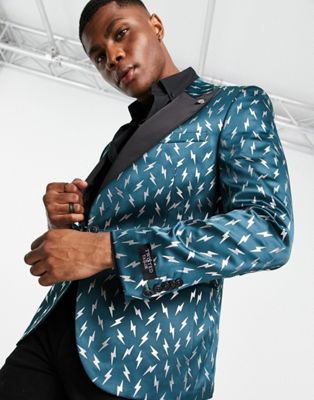Twisted Tailor suit set in green with silver foil lightning bolt print
