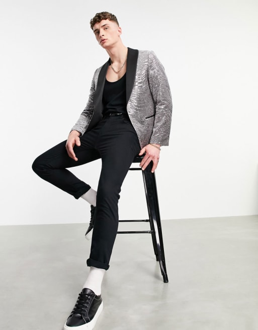 Twisted Tailor suit set with contrast lapel in silver sequin