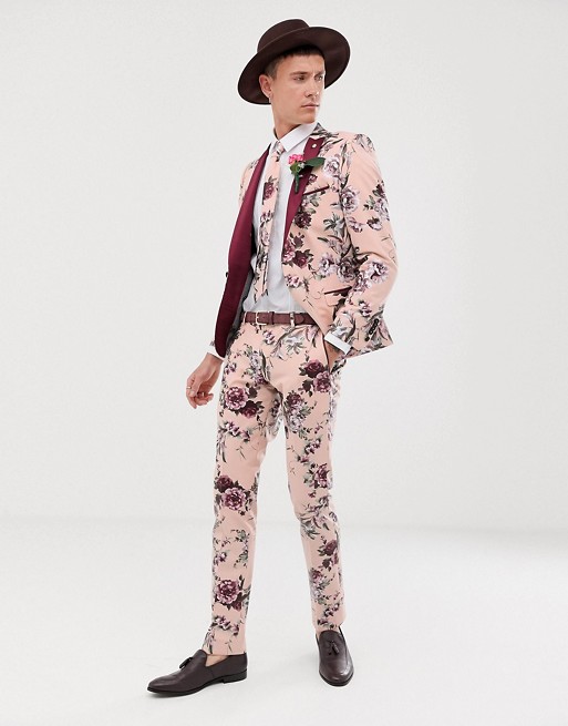 Twisted Tailor super skinny suit in dusky pink floral