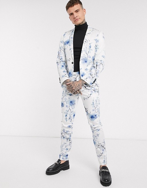 Twisted Tailor super skinny suit set with blue floral print in white