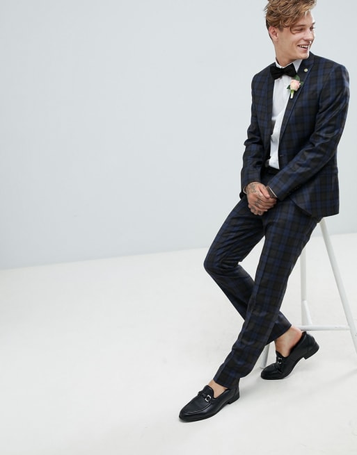 Twisted Tailor – Superenger, blau karierter Hochzeitsanzug 