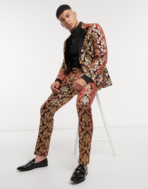 Twisted Tailor velvet suit set with gold baroque print in burgundy