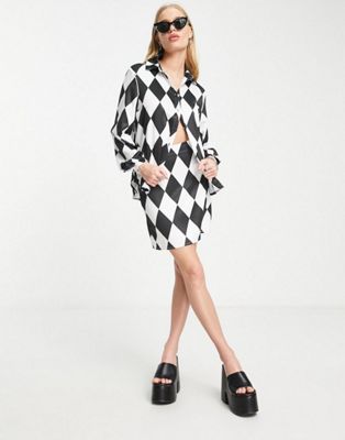 Twisted Wunder oversized shirt and bodycon mini skirt in diamond checkerboard co