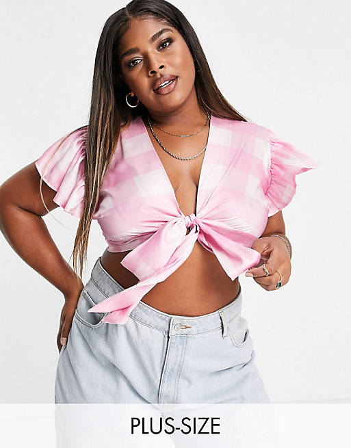 Twisted Wunder Plus tie front crop top and wide leg trousers co-ord in pink over
