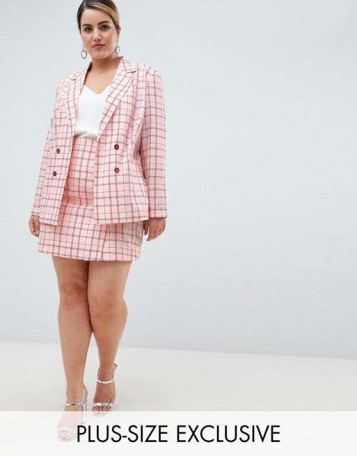 Unique 21 - Hero plus - Combi-set double-breasted blazer en minirok in roze ruit
