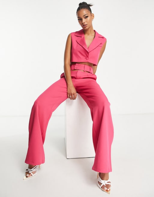 Unique21 - Co-ord set met mouwloze blazer en broek met wijde pijpen en hoge taille met uitsnijdingen in roze 