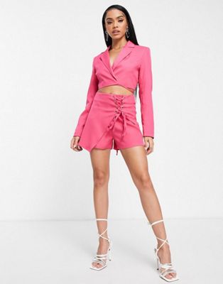 Unique21 tie front cropped blazer & short co-ord in pink
