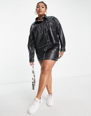 Urban Bliss Plus PU shirt and mini skirt co-ord in black with contrast stitch