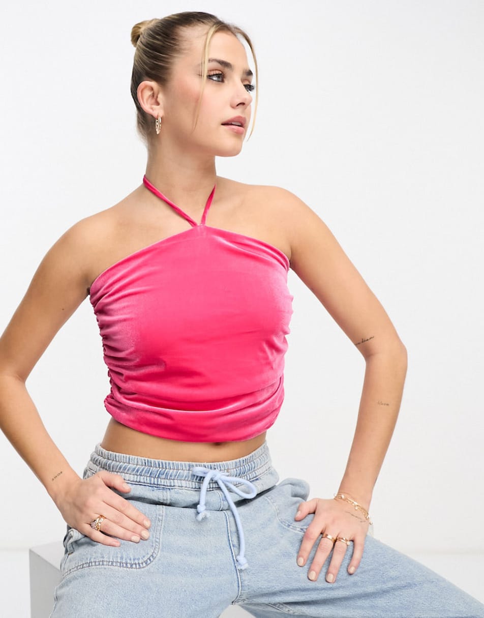 Urban Revivo ruched halter neck crop top and mini skirt co-ord in pink