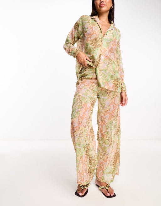 Vero Moda beach shirt and wide leg pants set in pastel snake print