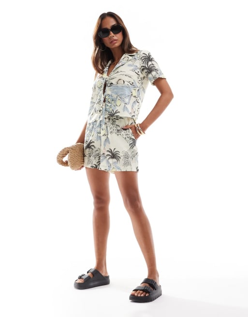 Vero Moda bozy tie front shirt and shorts set in palm print