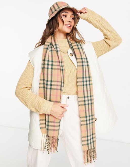 Vero Moda bucket hat and scarf co ord in tan check ASOS