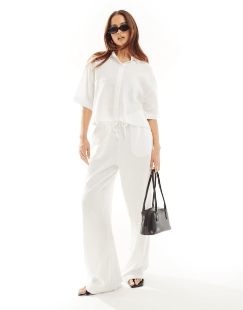 Vero Moda - Co-ord set met linnen, overhemd met korte mouwen en broek met wijde pijpen in wit - view 1