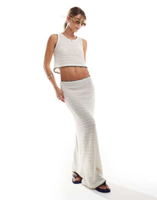 Vero Moda - Coordinato color crema all'uncinetto con cuciture a sopraggitto con crop top e gonna lunga