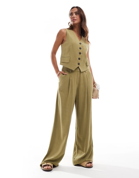 Vero Moda - Coordinato oliva con gilet effetto lino e pantaloni a pieghe sul davanti - view 1