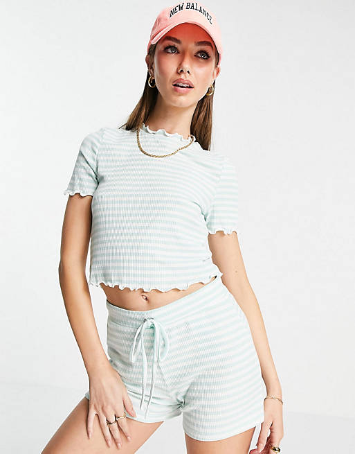 Vero Moda crop t-shirt & shorts co-ord in light green stripe