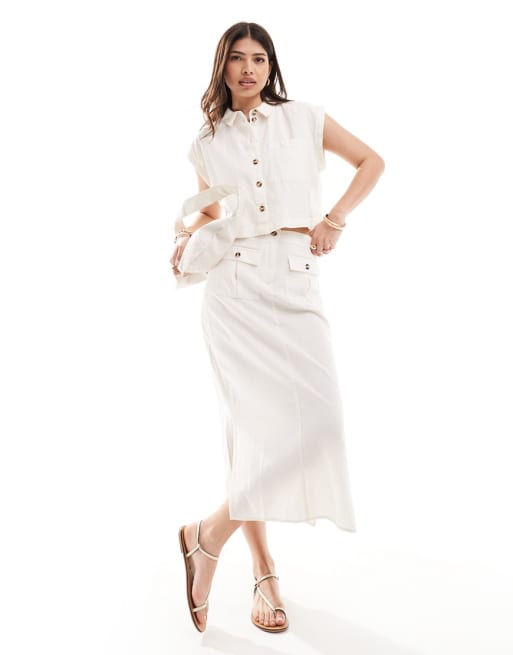 Vero Moda cropped linen shirt and midi skirt set in off-white