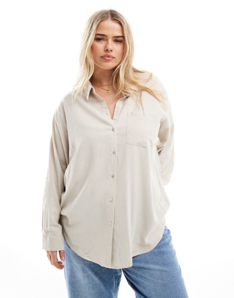 Vero Moda Curve - Beige sæt med langærmet skjorte og tapered bukser i hørblanding - view 1