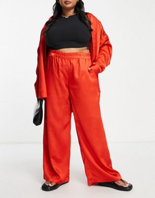 Vero Moda Curve oversized satin shirt and wide leg trousers co-ord in red