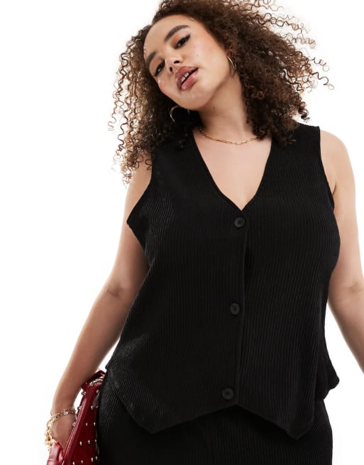 Vero Moda Curve – Plissee-Set aus Weste und weit geschnittener Hose in Schwarz