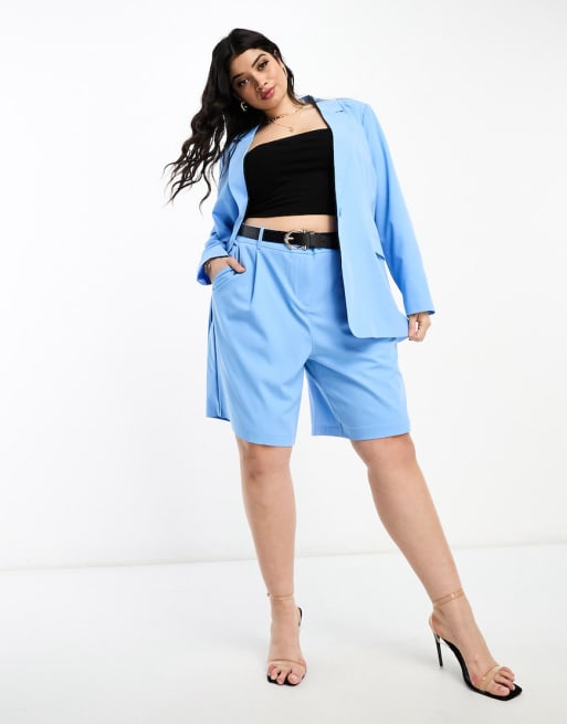 Vero Moda Curve tailored suit blazer and shorts set in blue ASOS