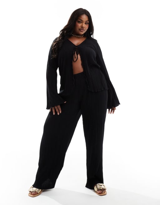 Vero Moda Curve tie front plisse top and wide leg trouser co-ord in black