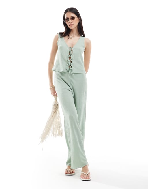 Vero Moda - Ensemble top noué sur le devant et pantalon en jersey texturé - Vert-bleu