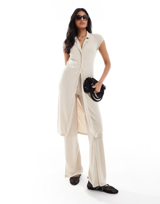 Vero Moda – Geripptes Set aus Longline-Strickjacke und weit geschnittener Jersey-Hose in 