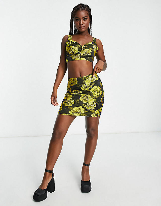 Vero Moda - jacquard bralette and mini skirt co-ord in yellow floral