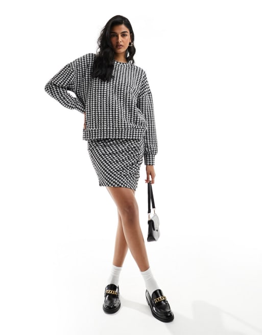Vero Moda jersey oversized sweats top and mini skirt set in mono houndstooth
