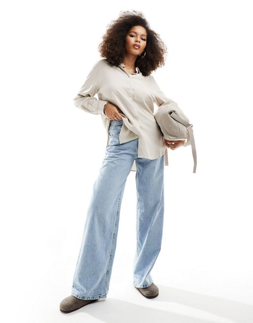 Vero Moda linen blend long sleeve shirt and tapered trouser co-ord in stone