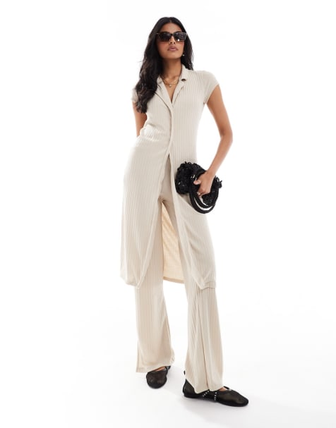 Vero Moda longline ribbed cardigan and wide leg ribbed jersey trouser co-ord in - view 1