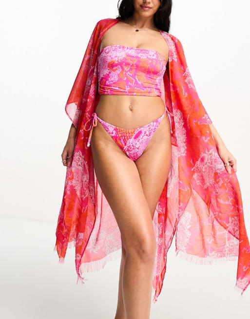 Vero Moda - Mix and Match - Ensemble bikini, caftan et paréo à imprimé serpent - Rose