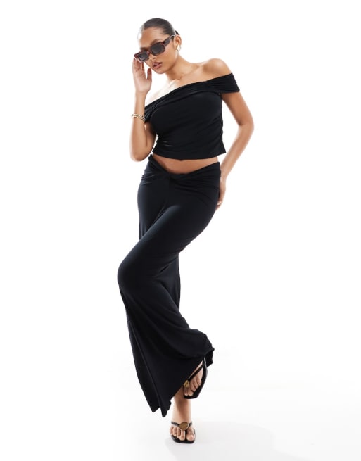 Vero Moda off shoulder jersey top and twist front jersey maxi skirt set in black