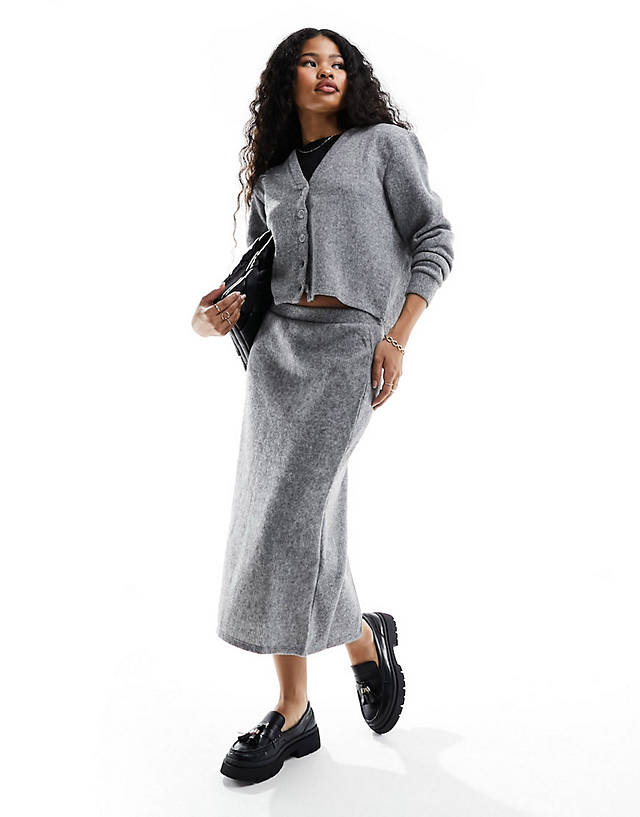 Vero Moda Petite - button through cardigan and midi skirt co-ord in grey melange