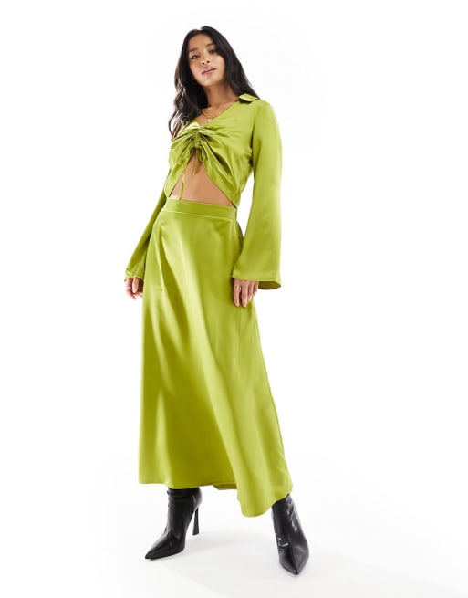 Vero Moda Petite satin ruched front top and maxi skirt set in olive