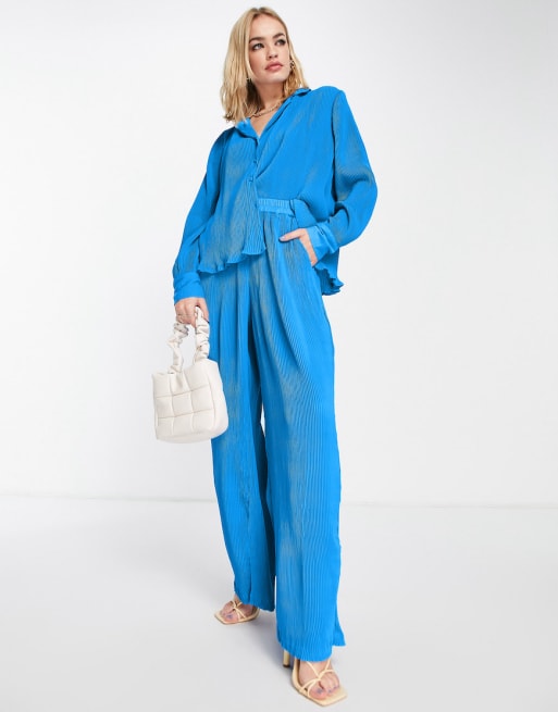 Vero Moda plisse shirt and pants set in blue | ASOS