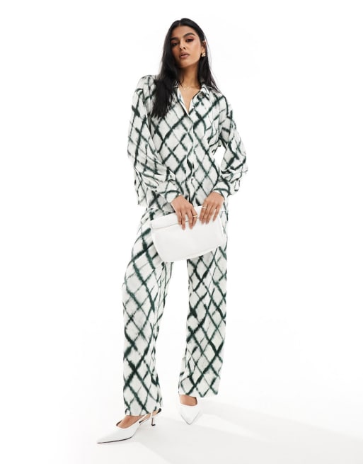 Vero Moda plisse shirt and wide leg trouser co-ord in tie dye check