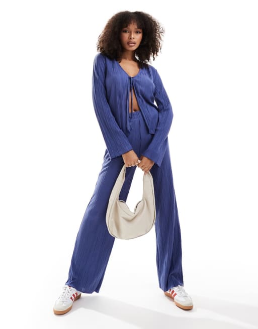 Vero Moda plisse tie front top and wide leg pants set in gray blue