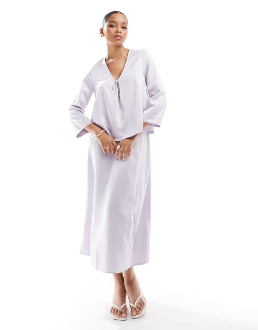 Vero Moda satin top and midi skirt with embellished bow in lavender blue
