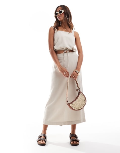 Vero Moda – Set mit kurzem Oberteil und Midirock aus Leinenmix in Steinbeige - view 1