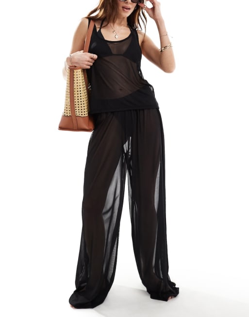Vero Moda sheer beach top and trouser co-ord in black