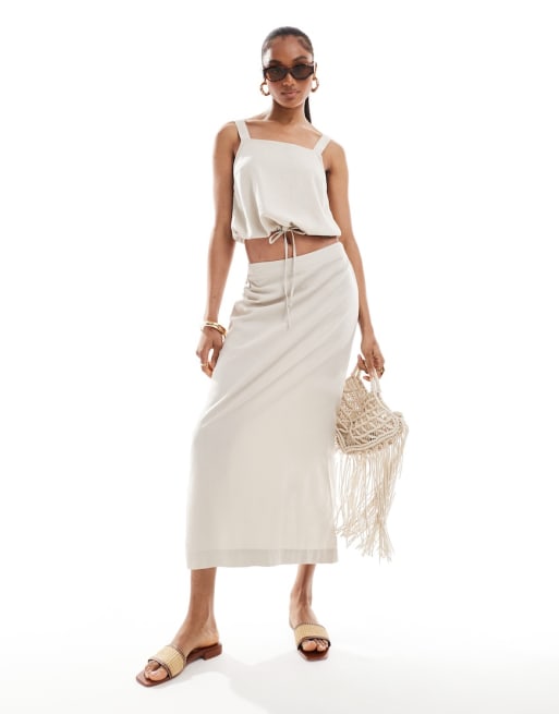 Vero Moda Tall - Co-ord set van crop top en midi rok van linnenmix in stone