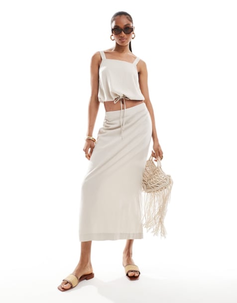 Vero Moda Tall - Coordinato color pietra con crop top in misto lino e gonna midi - view 1
