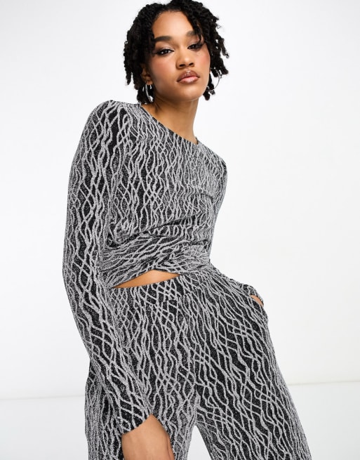 Vero Moda Tall - Ensemble avec crop top torsadé devant et pantalon ample - Argenté pailleté