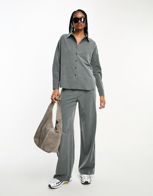 Vero Moda Tall pinstripe oversized shirt and wide leg trouser co-ord in grey