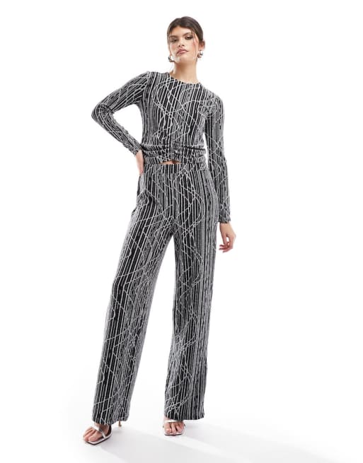 Vero Moda textured glitter long sleeve top and trouser co ord in black ASOS