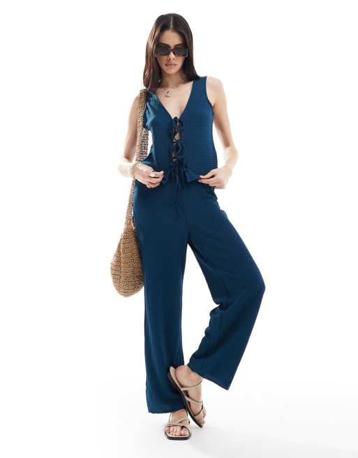 Vero Moda textured jersey tie-front top and pants set in navy